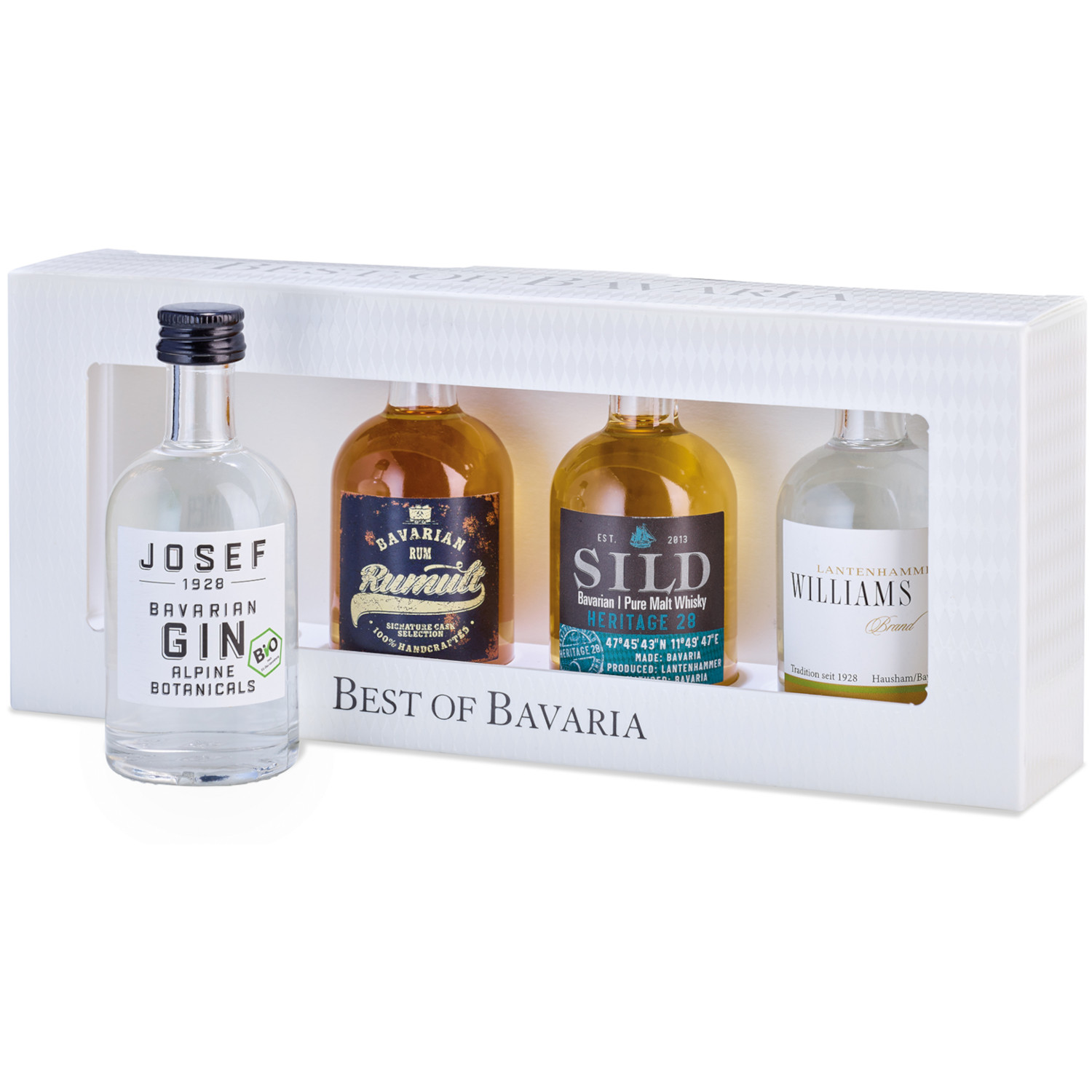 Lantenhammer BEST OF BAVARIA - 4 Champions: Williamsbirnenbrand 42 %, SILD WHISKY Heritage 28 42 %, JOSEF GIN Alpine Botanicals 42 % (BIO), RUMULT Bavarian Rum 43 %