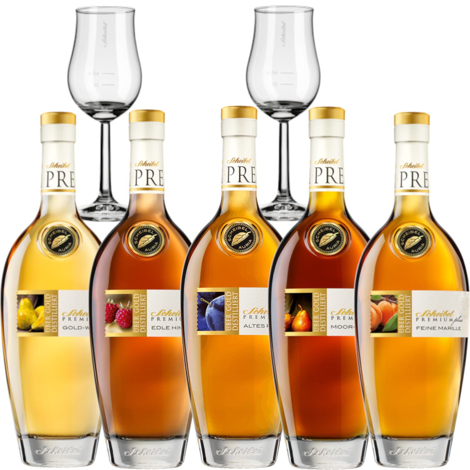 Scheibel Sparset 2 (versandkostenfrei) Moorbirne, Pflümle, Willi, Marille, Himbeere 40-43%vol. 5x 0,7l inkl. 2 Aroma Gläser